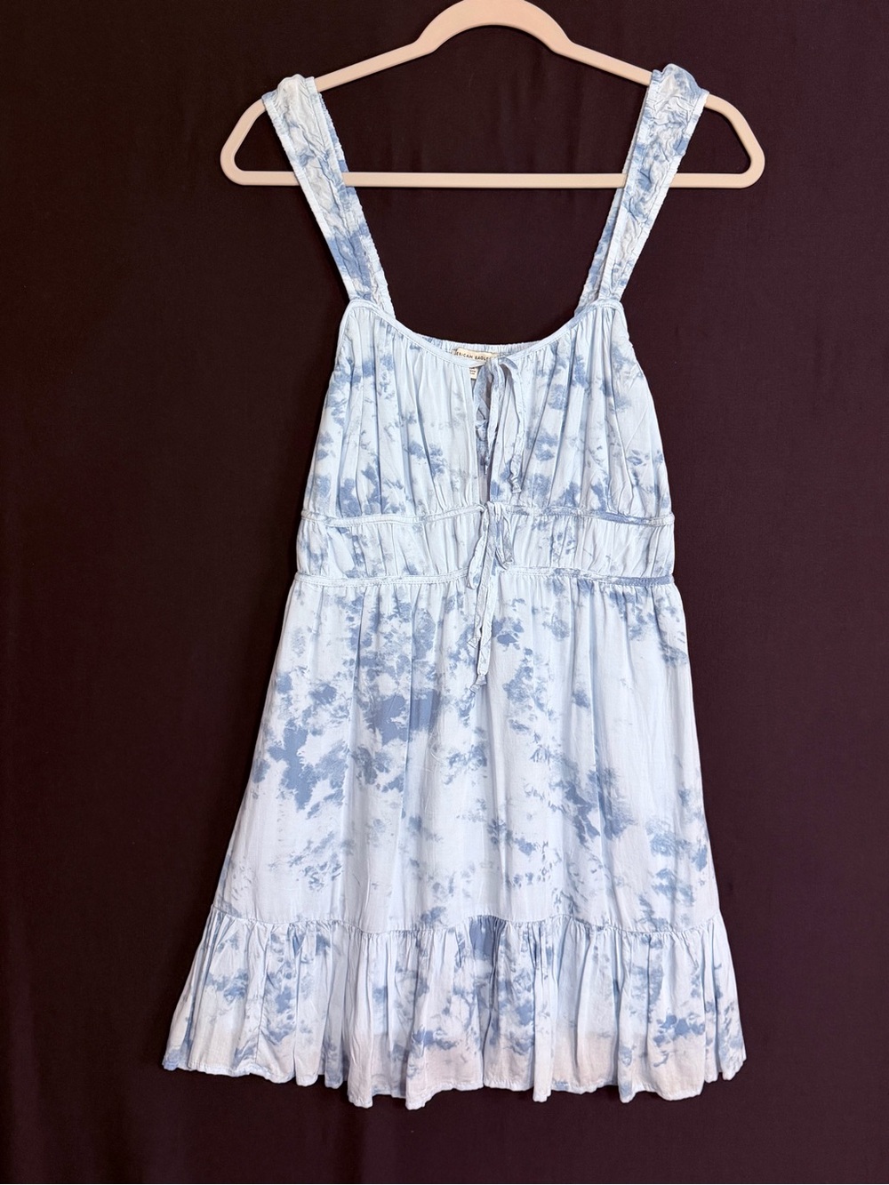 American Eagle Dress Linen Light Blue Tie-Dye Mini Sundress Tie closure Lined